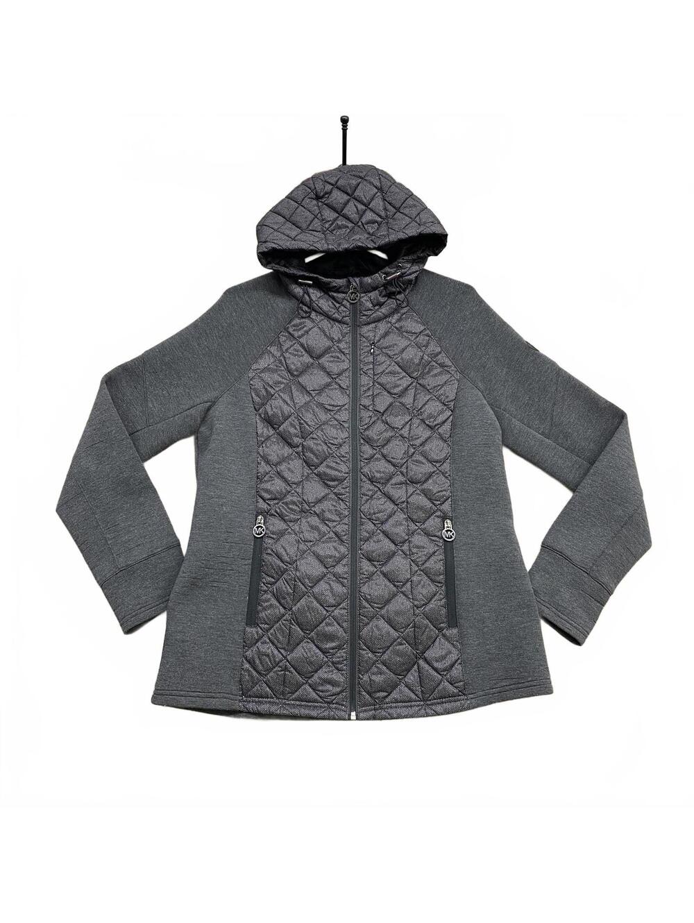 Michael Michael Kors Women's Gray Heather Quilted Hoodie Jacket Sz L Down Fill